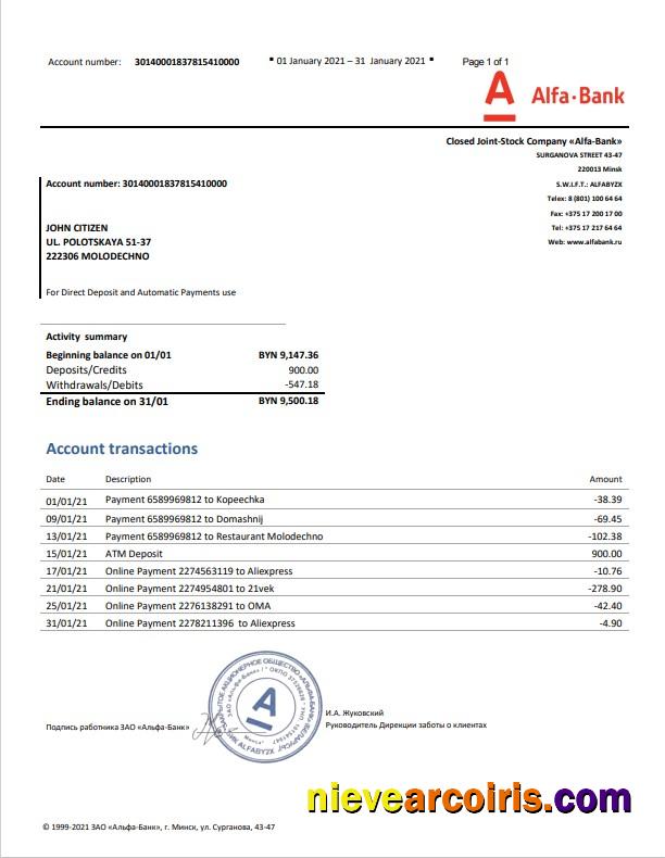 Belarus Alfa bank statement in Word and PDF format